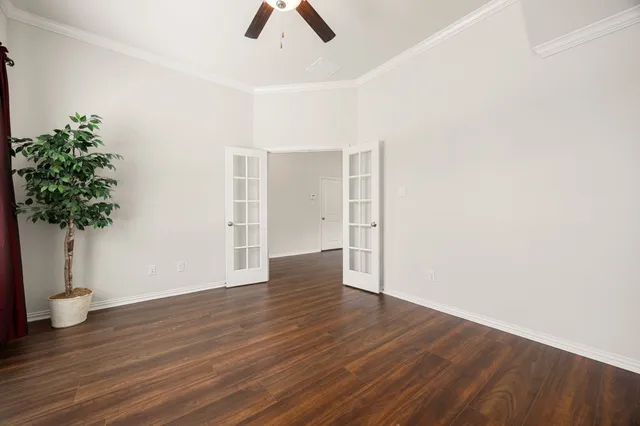a view of an empty room with a potted plant and wooden floor