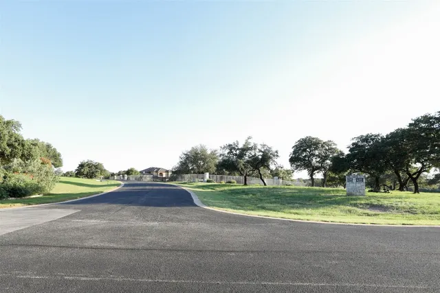 a view of a yard with large trees