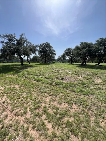 a view of a green field with trees in the background