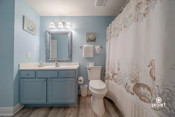 a bathroom with a sink a toilet and shower curtain