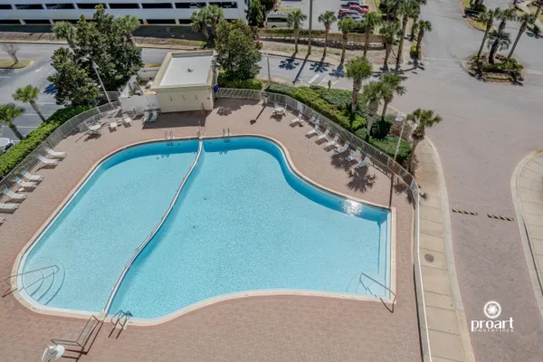 an aerial view of a swimming pool