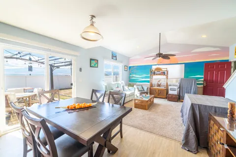 a view of a dining room with furniture