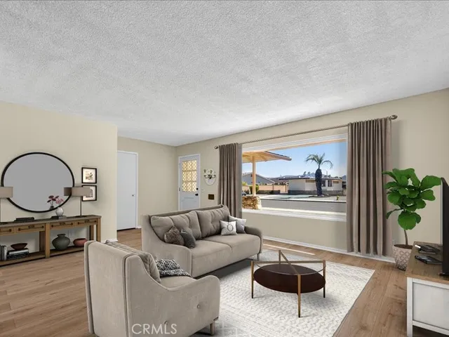 a living room with furniture a rug a lamp and a potted plant