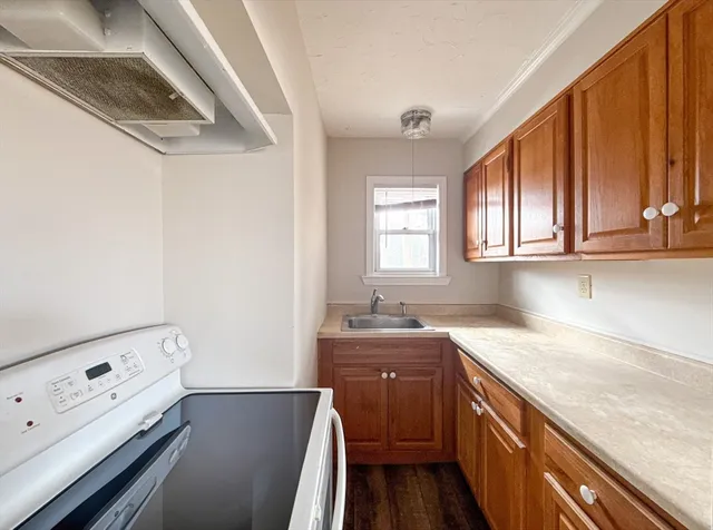 a kitchen with a sink a stove and cabinets