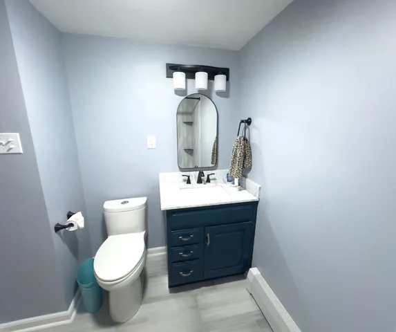 a bathroom with a toilet sink and mirror