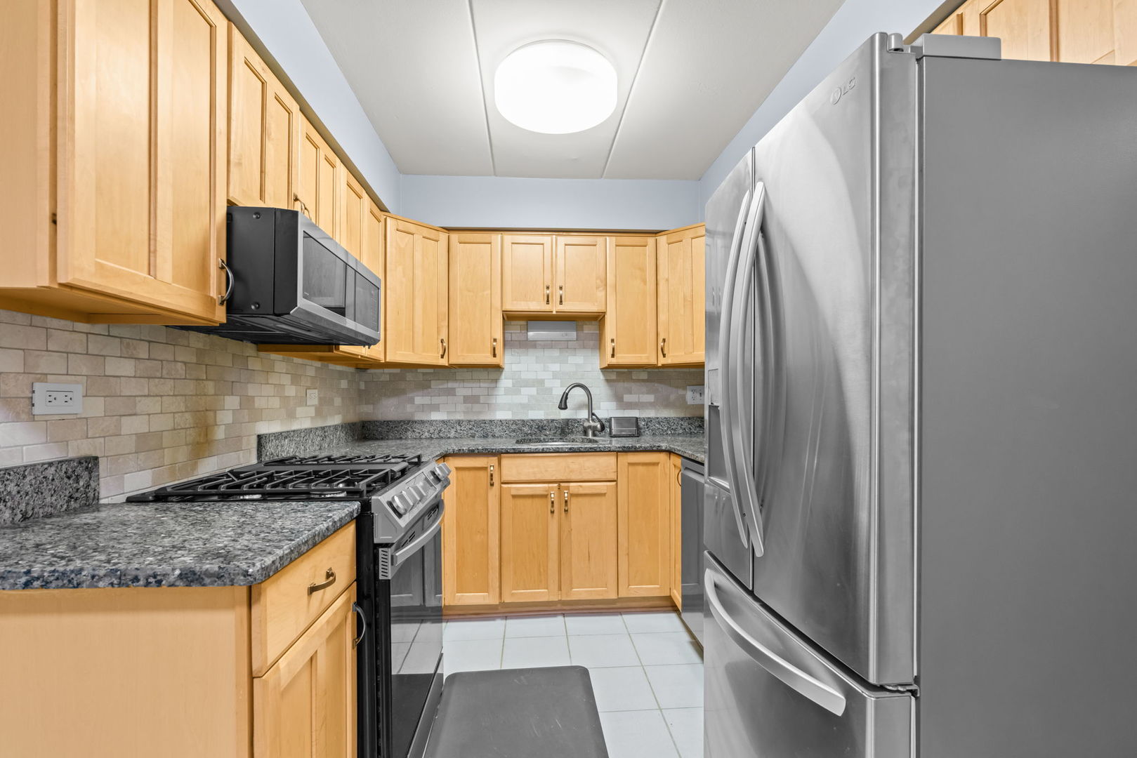 222 North Grove Avenue, Unit 2B Oak Park, IL 60302 - Photo 9 of 20 a kitchen with stainless steel appliances granite countertop a refrigerator a sink dishwasher a stove and a microwave oven