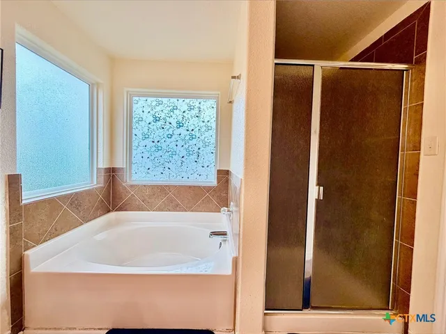 a bathroom with a bathtub and a shower