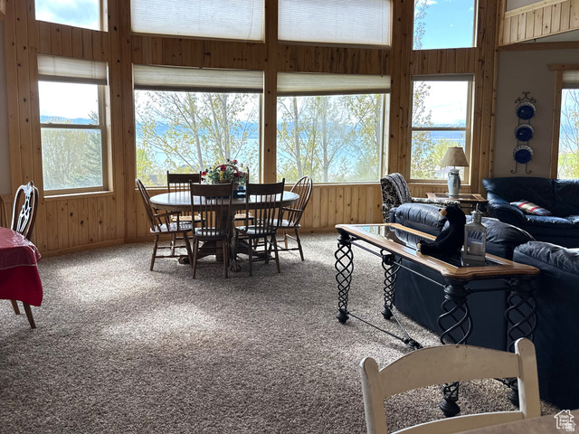 1940 East Shore Road St. Charles, ID 83272 - Photo 21 of 64 Dining space with carpet flooring and wood walls