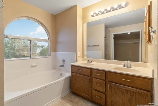 a bathroom with a tub a double vanity sink and mirror