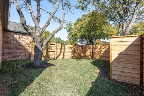 a view of a yard in front of a house with a large tree