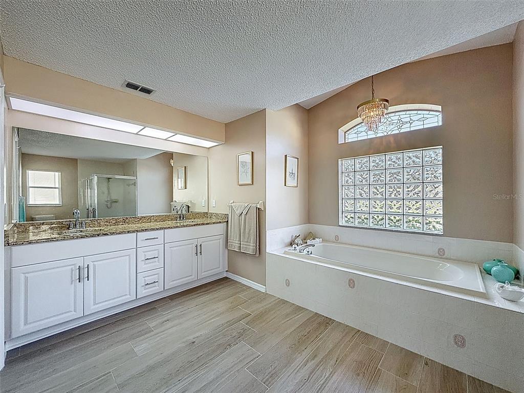 9428 Apple Dumpling Court Weeki Wachee, FL 34613 - Photo 19 of 40 a spacious bathroom with a granite countertop tub a double vanity sink a window and a mirror