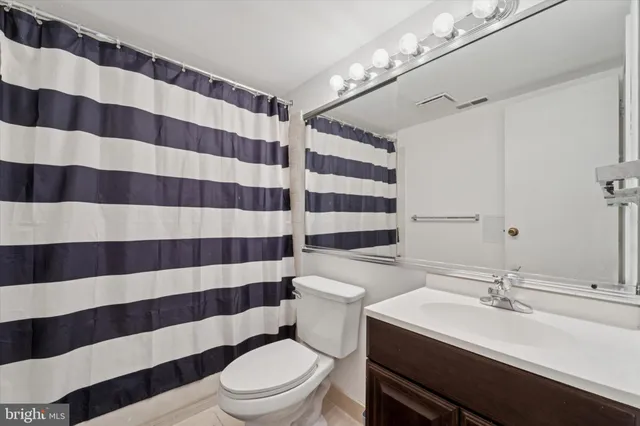 a bathroom with a sink a toilet a mirror and shower curtain