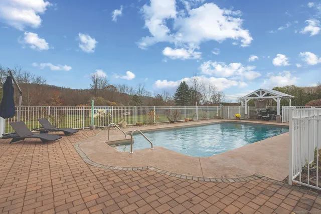 a view of a swimming pool with a lounge chair