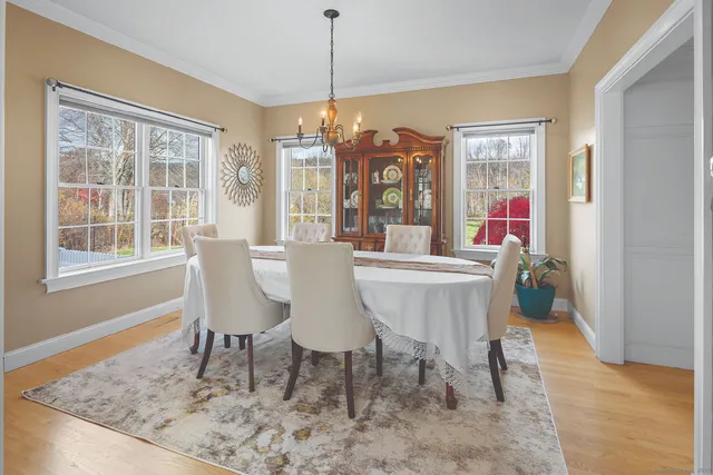 a view of a dining room with furniture window and outside view