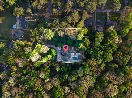 an aerial view of a house with a yard and potted plants
