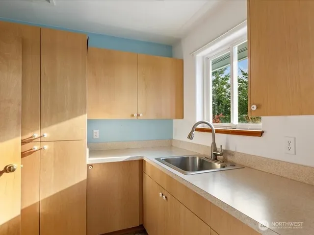 a kitchen with a sink a counter top space and cabinets