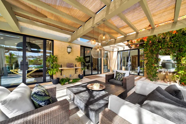 a view of a floor to ceiling window and potted plants