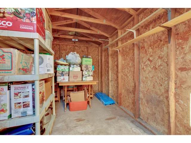 a view of a garage with storage