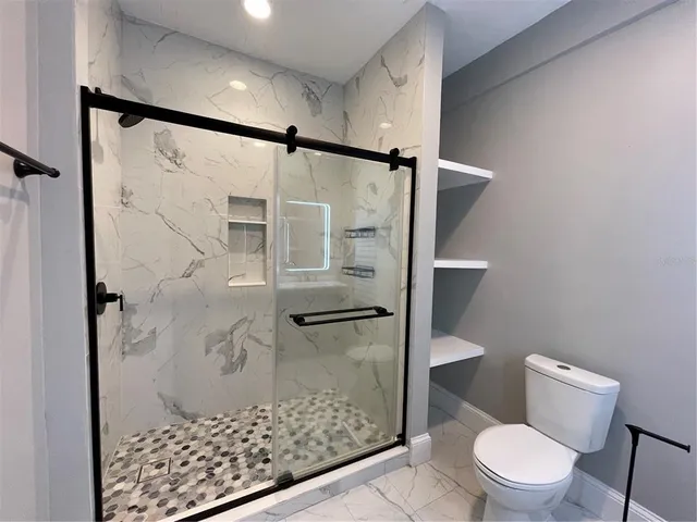 a bathroom with a shower and toilet