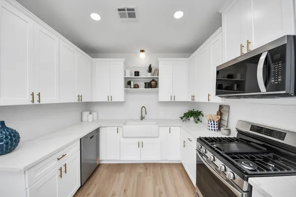 a kitchen with cabinets stainless steel appliances and a potted plant