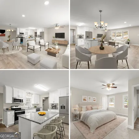a view of living room kitchen and dining table with kitchen view