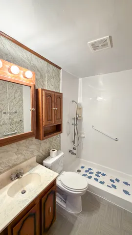 a bathroom with a sink a toilet and mirror