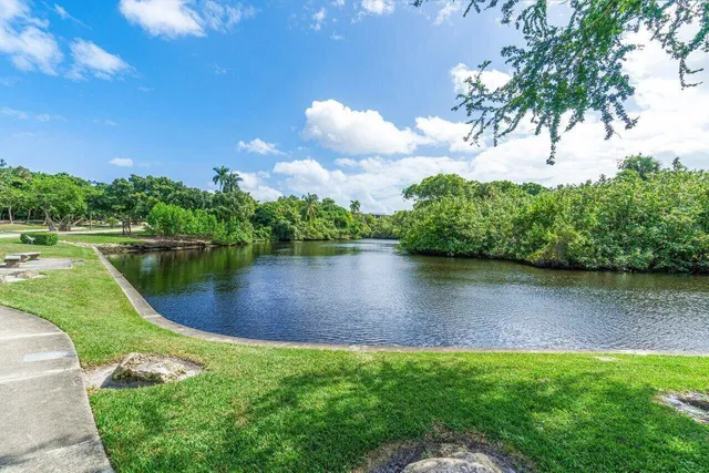 a view of a lake with a yard and large trees