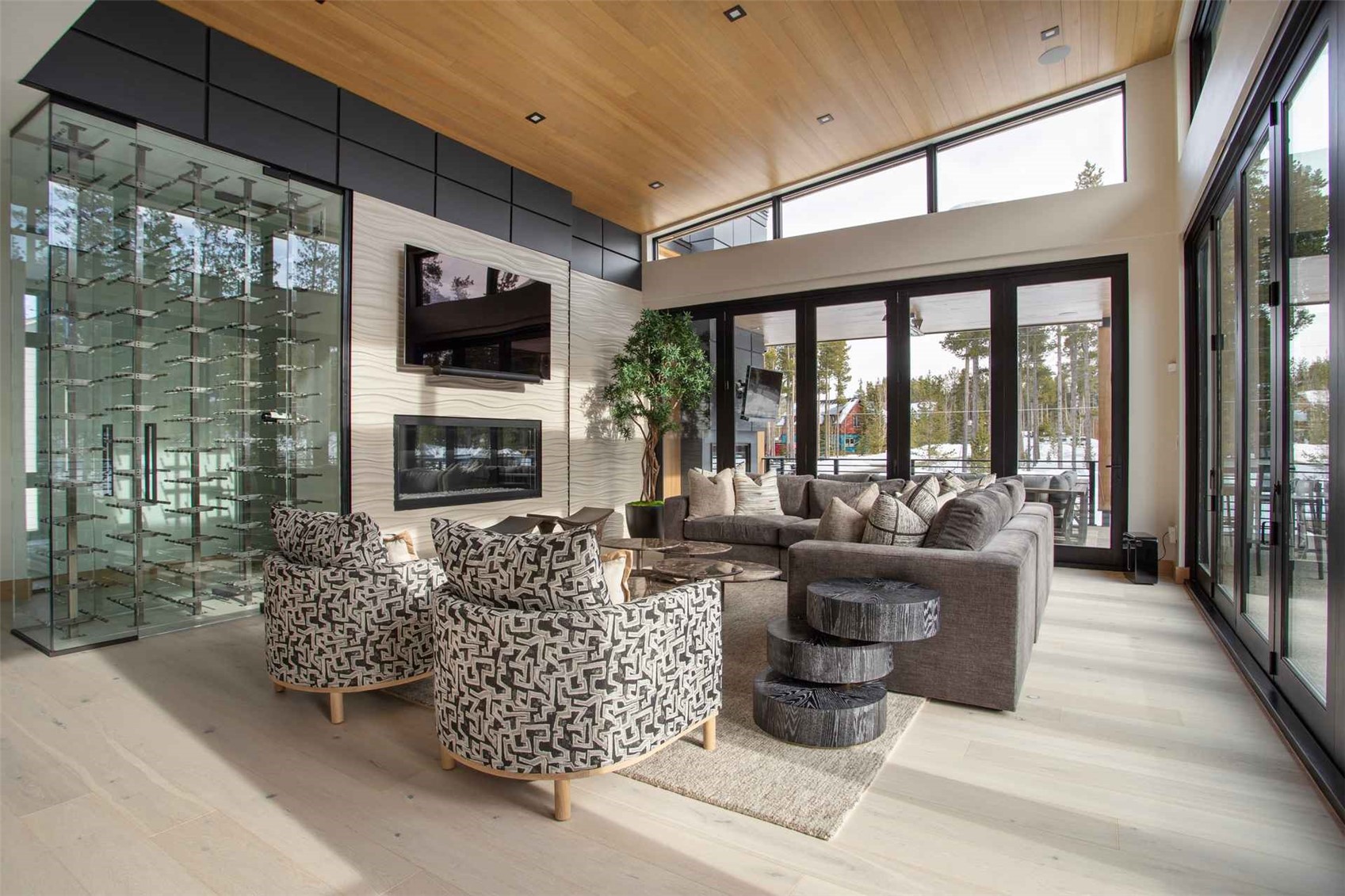 3764 Ski Hill Road Breckenridge, CO 80424 - Photo 12 of 30 Living area with a high wooden ceiling, wood finished floors, a fireplace, recessed lighting, and french doors