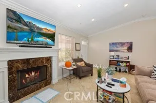 a living room with furniture a fireplace and wall paintings