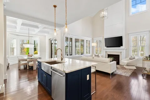 a living room with fireplace furniture flat screen tv and wooden floor