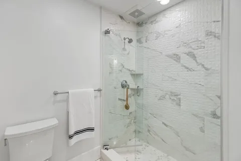 a bathroom with a shower and toilet