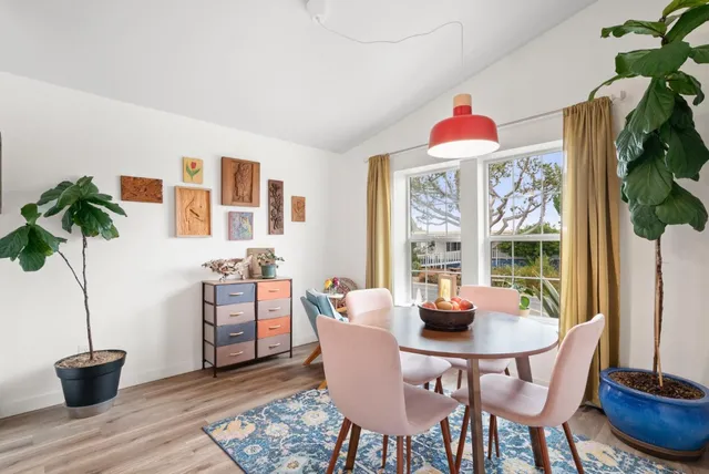 a dining room with furniture potted plants and wooden floor