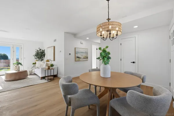 a dining room with furniture potted plants and wooden floor