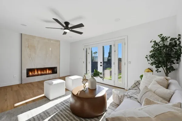 a living room with furniture and a potted plant