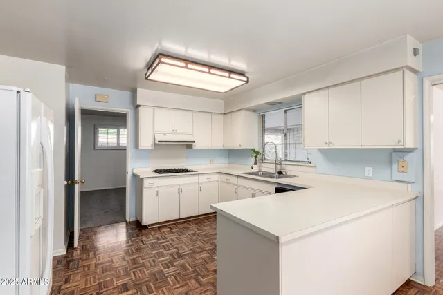 a kitchen with a stove a sink and a refrigerator
