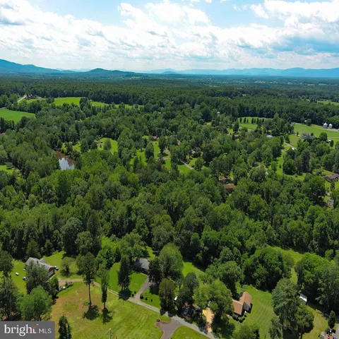 an aerial view of residential houses with outdoor space and trees