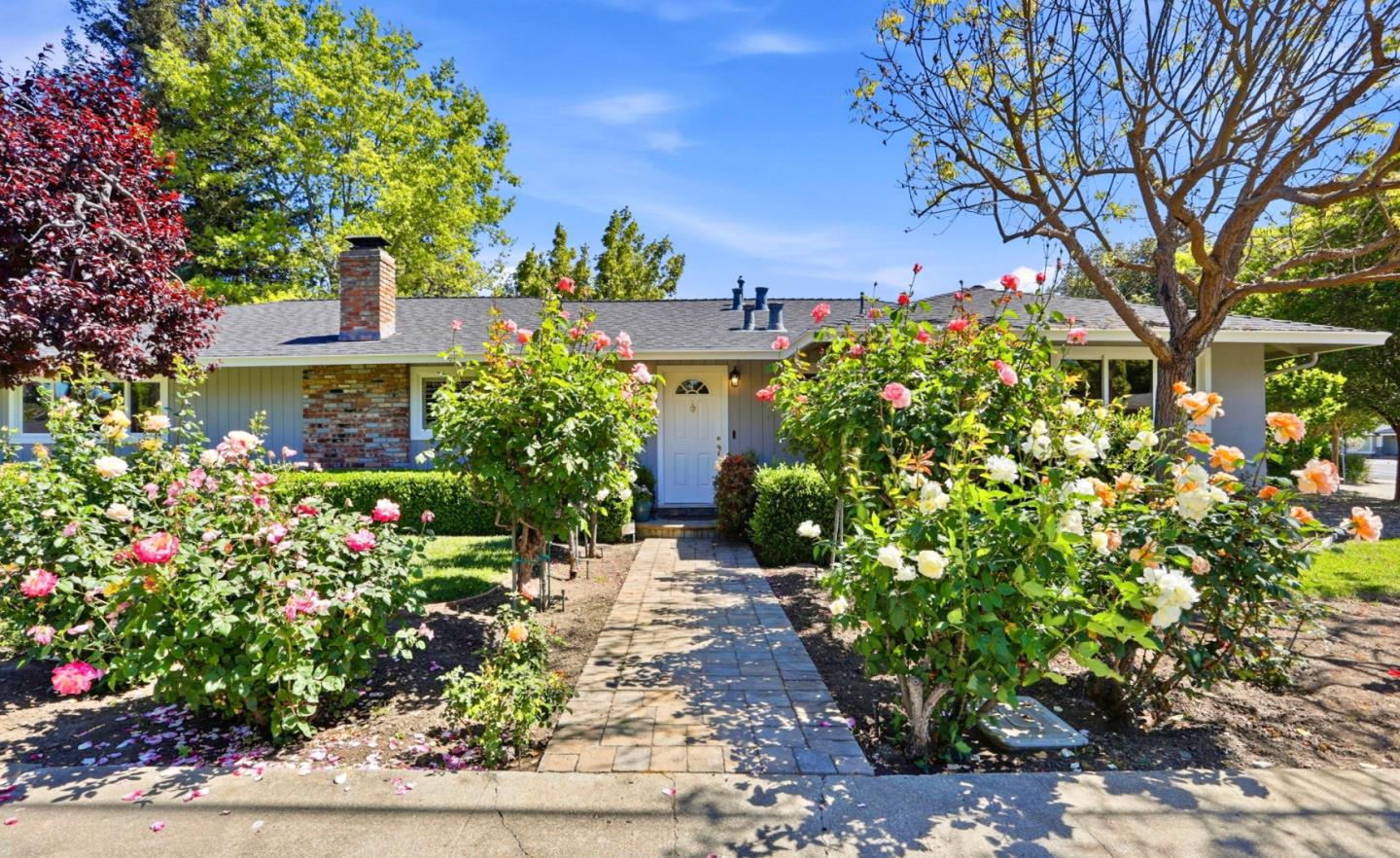 a front view of a house with a yard and fountain