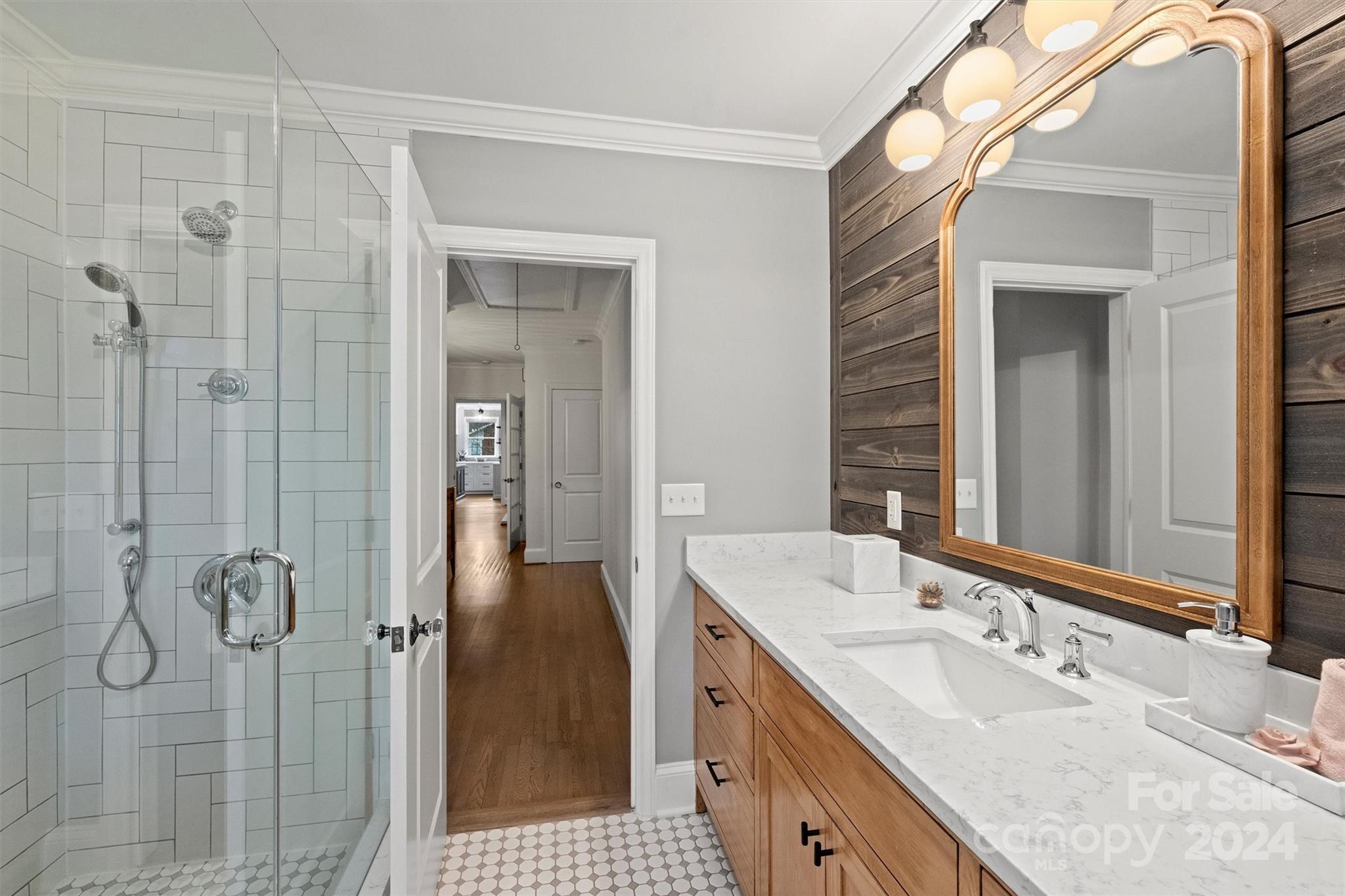 101 Sardis View Road Charlotte, NC 28211 - Photo 25 of 43 a bathroom with a granite countertop shower a sink and mirror