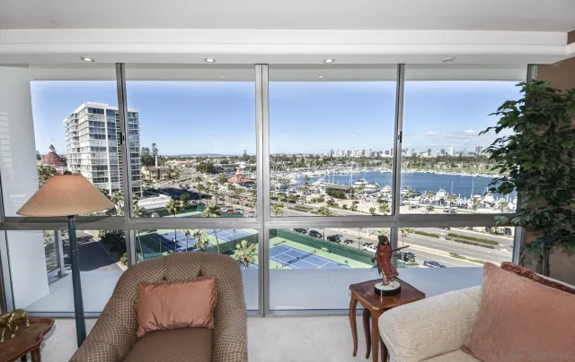 a view of a city from a living room