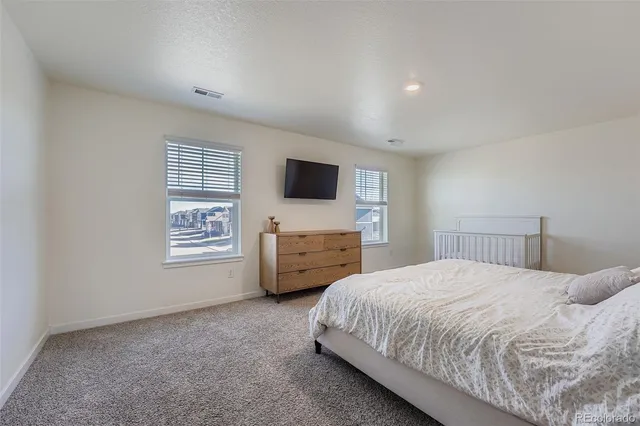 a bedroom with a bed a tv and dresser