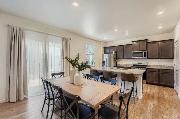 a view of a dining room with furniture window and wooden floor