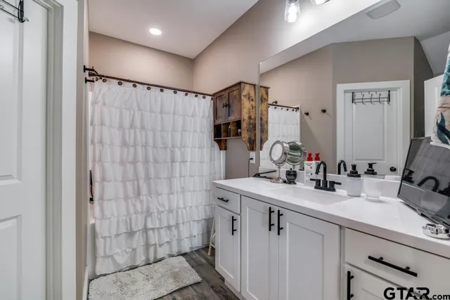 a bathroom with a sink mirror and shower