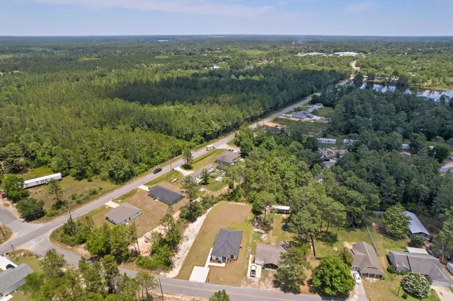 a view of a city with lush green forest