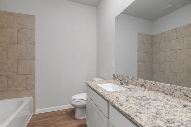 a bathroom with a granite countertop sink a toilet and bathtub