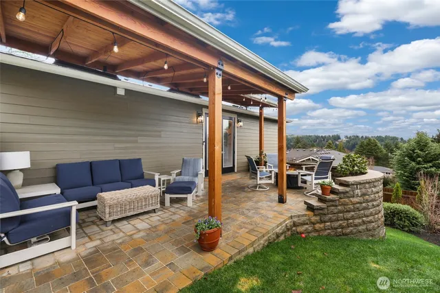 a outdoor living space with furniture and garden