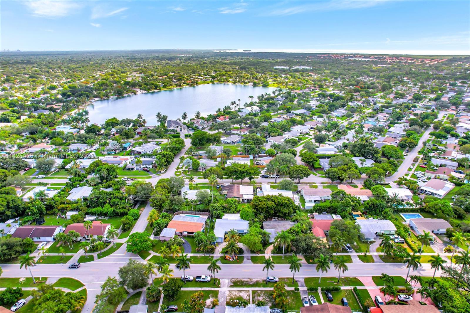 an aerial view of residential houses with outdoor space and trees