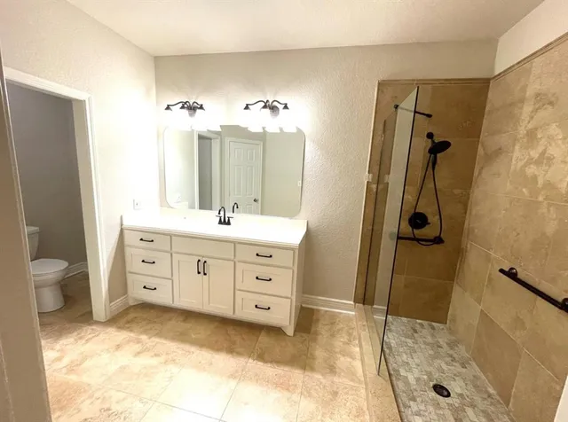 a bathroom with a double vanity sink toilet mirror and shower