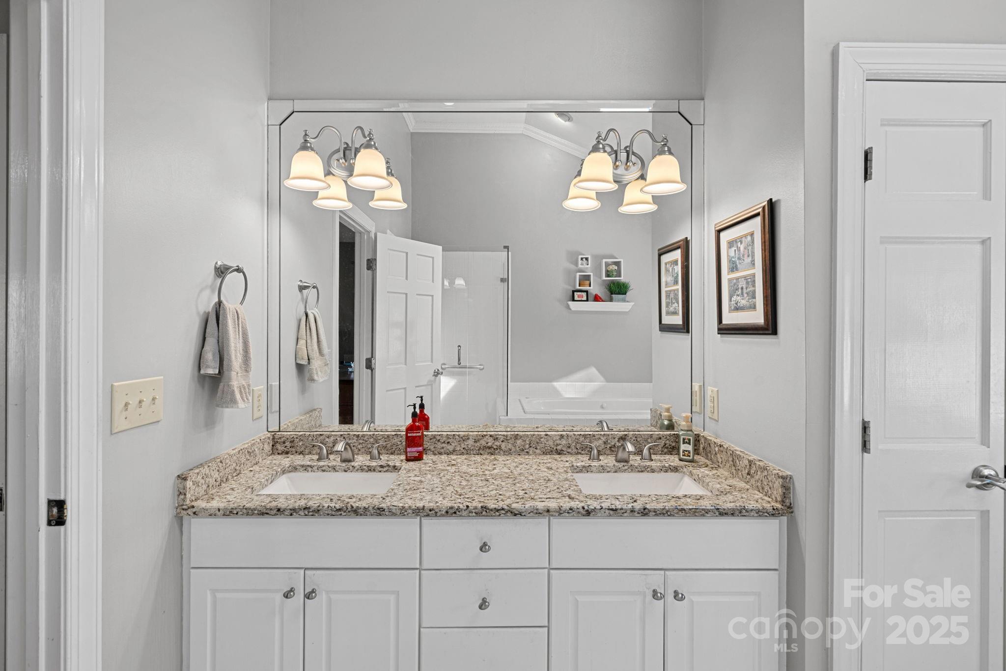 213 Patternote Road Mooresville, NC 28117 - Photo 27 of 48 a bathroom with a granite countertop sink and a mirror