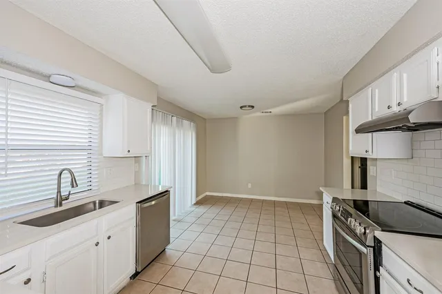 a kitchen with a sink a stove and cabinets