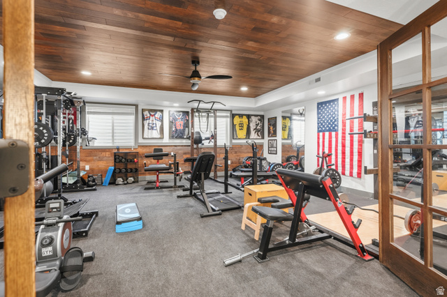 2013 South 100 West Perry, UT 84302 - Photo 32 of 49 Dedicated fitness space featuring a wood-finish ceiling with recessed lighting and a ceiling fan
